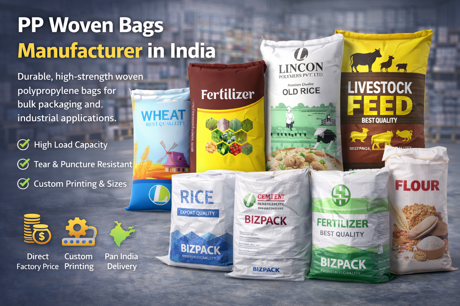 PP Woven Bags Manufacturer in India Durable, high-strength woven polypropylene bags for bulk packaging and industrial applications.