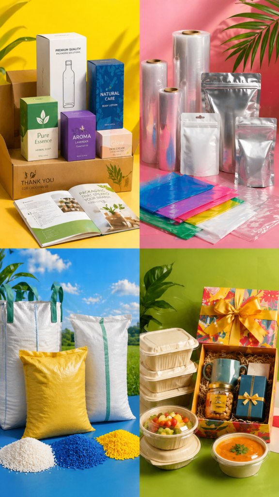 mono cartons, brochures, POF Shrink Film, LD bags, LD shrink films, PP woven bags, FIBC Bags (jumbo bags), disposable food containers, and premium gift box hampers