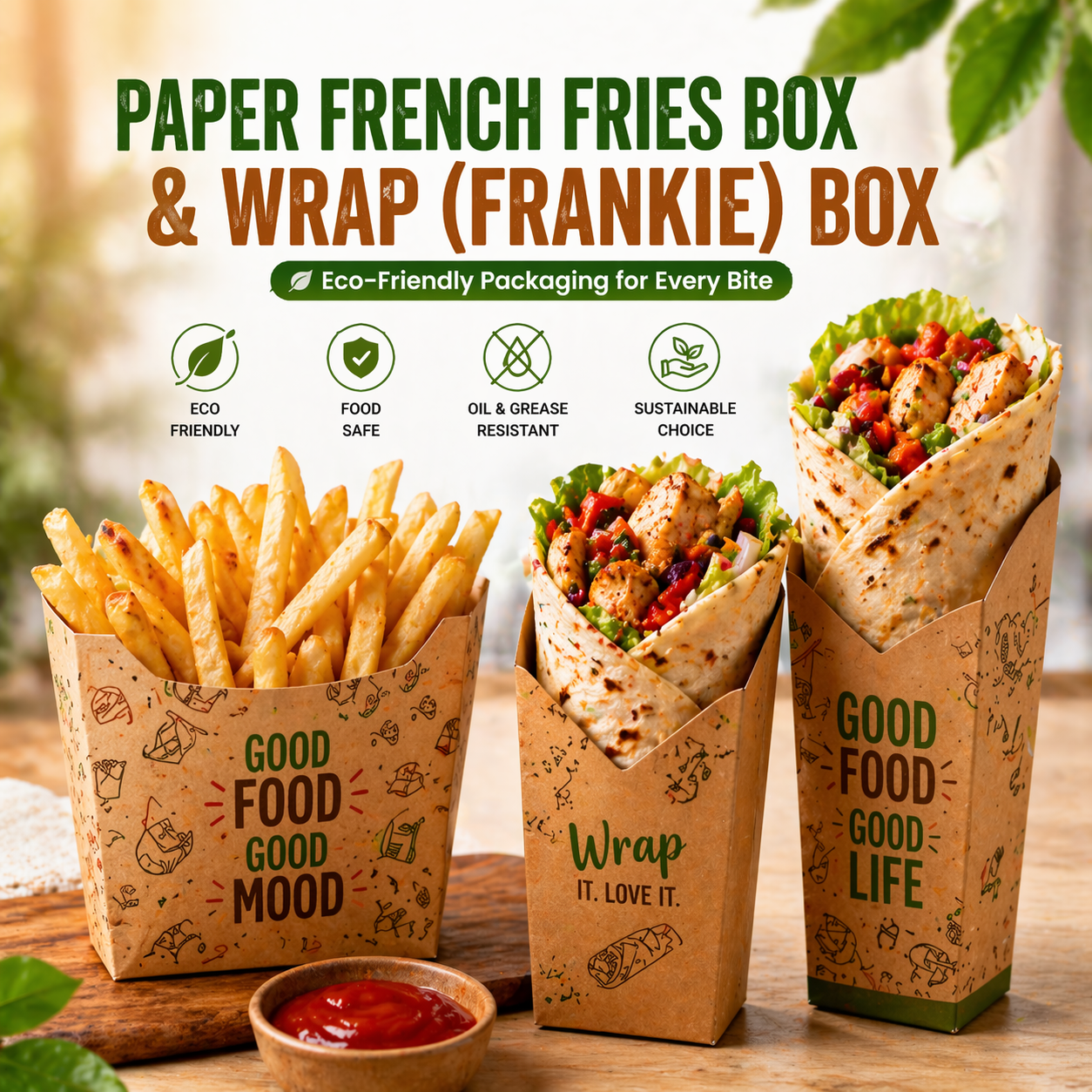“paper french fries box kraft India” “frankie wrap box packaging”